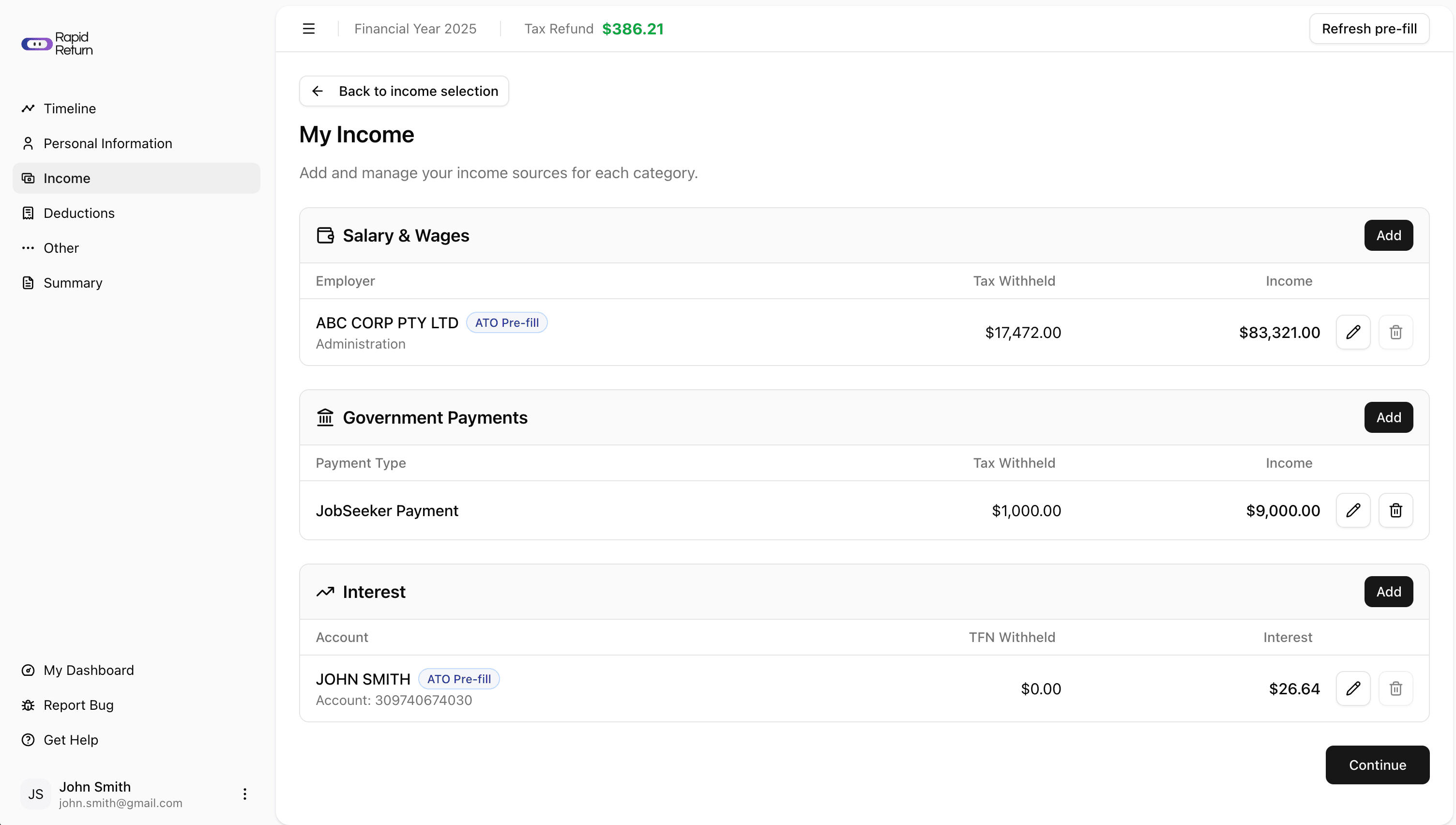 Rapid Return tax return form showing income categories and refund estimate